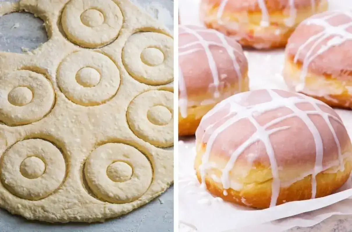 Wycinanie k&oacute;łek z ciasta na pączki z piekarnika, obok gotowe, lukrowane słodkości.