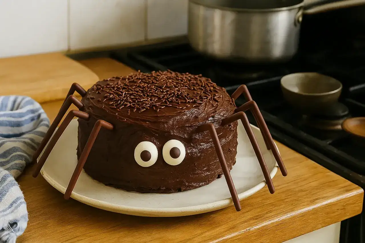 Gâteau au chocolat en forme d'araignée, un délicieux dessert d'Halloween avec des vermicelles et des yeux en sucre.