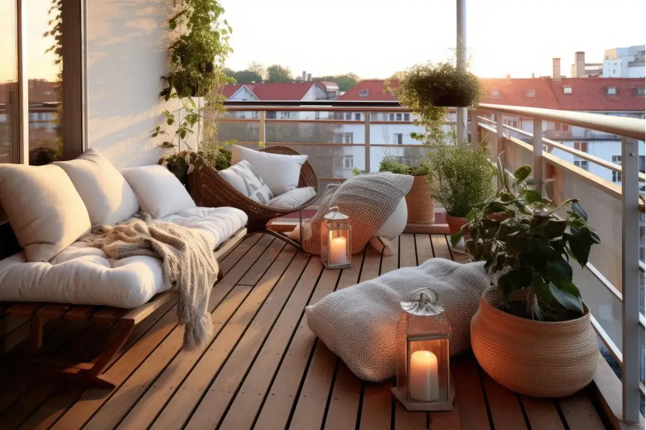 Przytulny balkon z wygodną sofą, fotelem i roślinami. Wieczorem zapalone latarenki tworzą magiczny nastrój. Idealne miejsce na relaks.