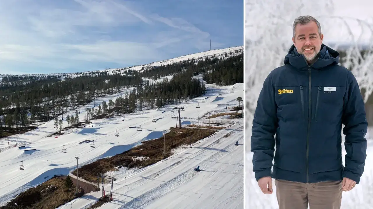 Sn&ouml;kl&auml;dda backar med liftar och tr&auml;d. En man i jacka med texten 