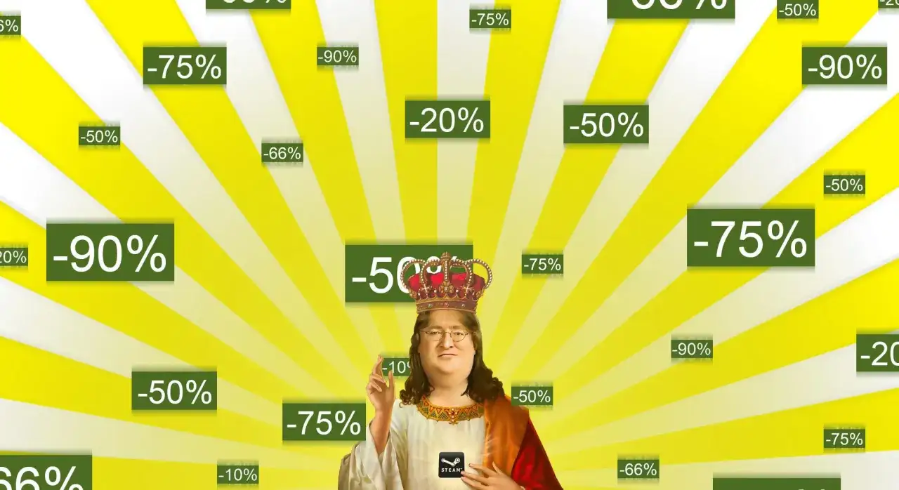 Gabe Newell w koronie i szatach, otoczony przez napisy z promocjami Steam. Kiedy startuje Summer i Winter Sale? Czekamy na te okazje!