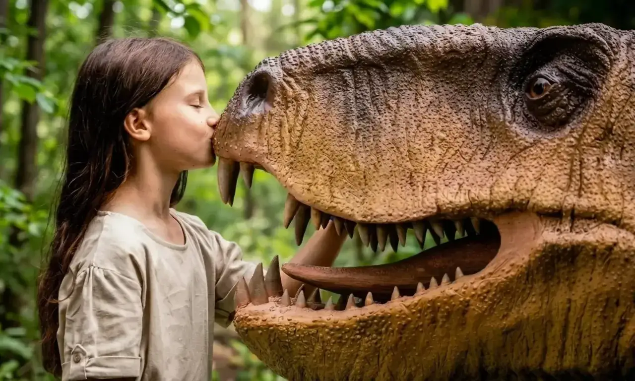 Dziewczynka całuje dinozaura w Bałtowie. Sprawdź bałtów cennik bilet rodzinny na niezapomnianą przygodę!