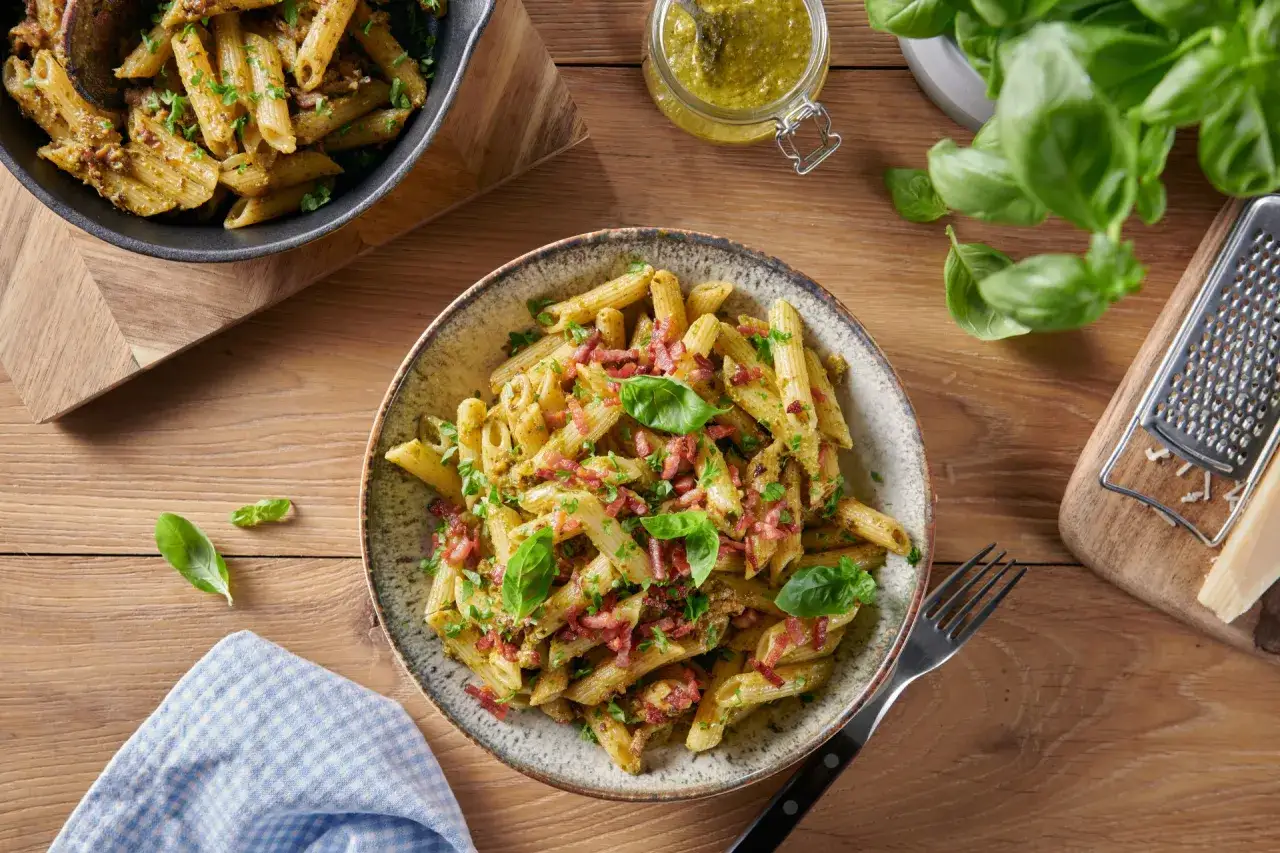 Pyszny makaron z pesto, posypany chrupiącym boczkiem i świeżą bazylią. Obok słoiczek z domowym pesto i kawałek parmezanu.