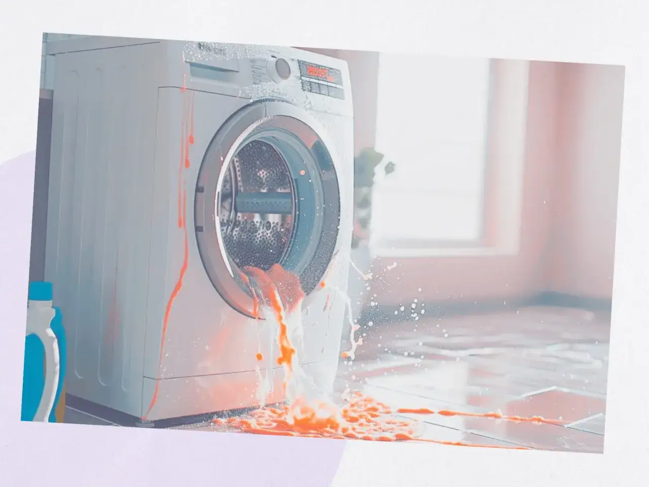 Machine à laver en panne, eau et mousse orange s'écoulent sur le sol. Problème d'arrivée d'eau machine à laver.
