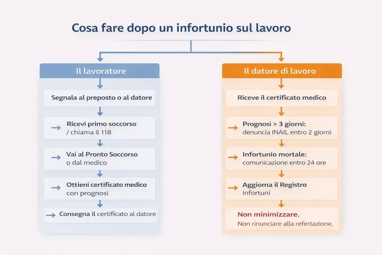 Flusso per infortunio sul lavoro: lavoratore segnala, riceve soccorso, va dal medico, consegna certificato. Datore riceve certificato, denuncia INAIL per prognosi > 3 giorni.