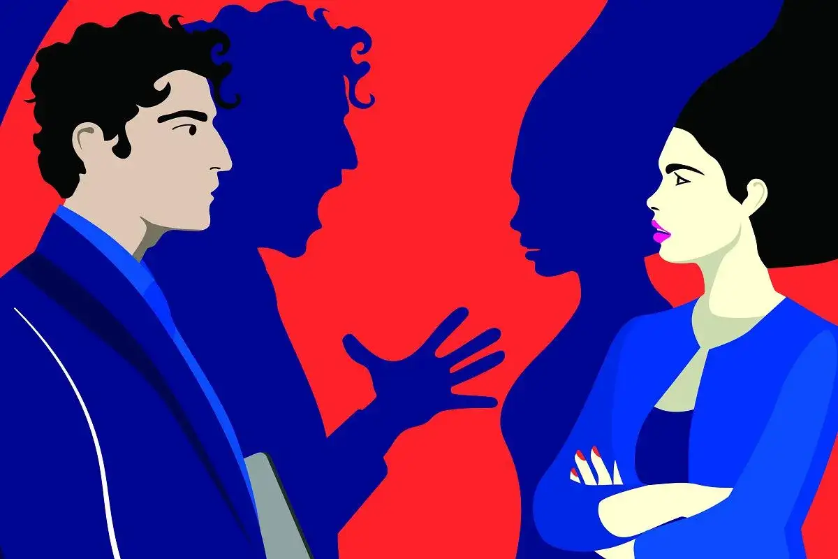 Mężczyzna krzyczy, jego cień grozi kobiecie. Ilustracja pokazuje seksizm i przemoc słowną.