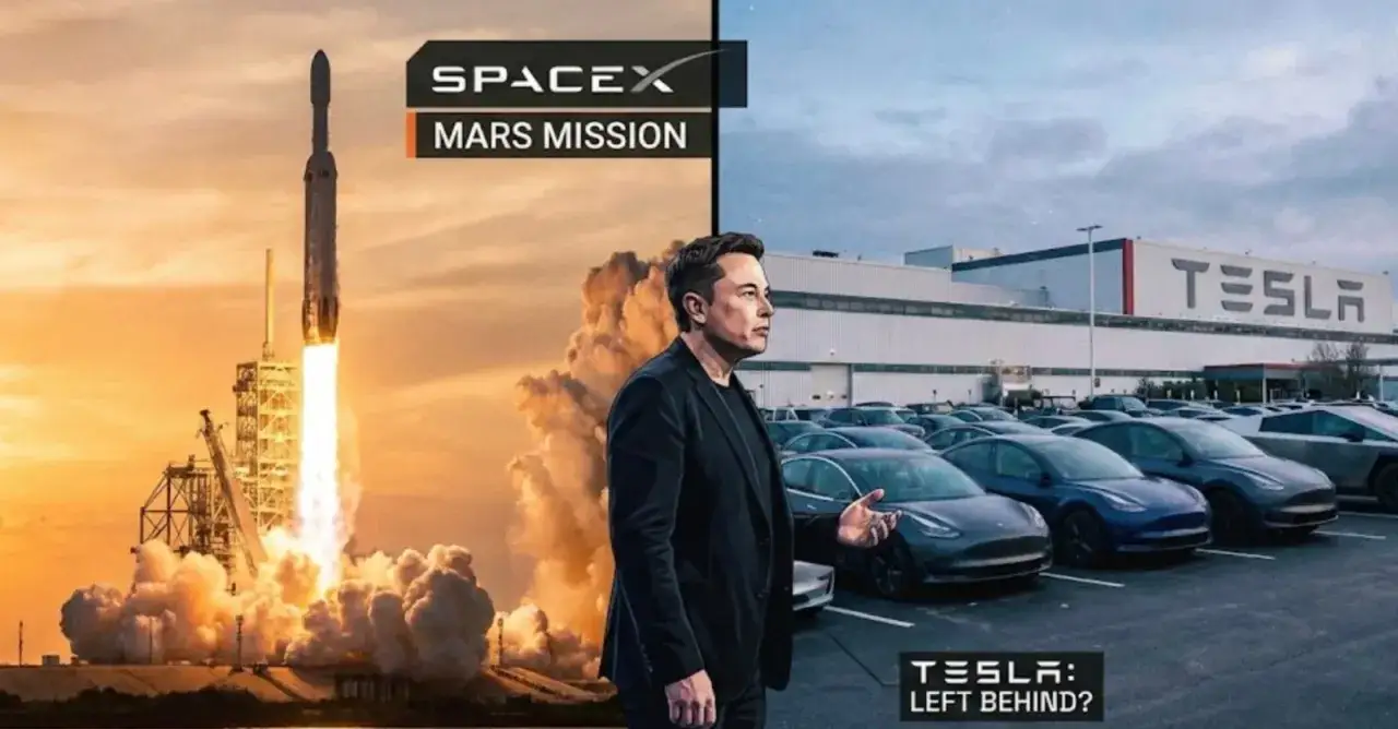 Elon Musk, wizjoner SpaceX i Tesla, stoi na tle startującej rakiety i fabryki samochodów. Kto to?