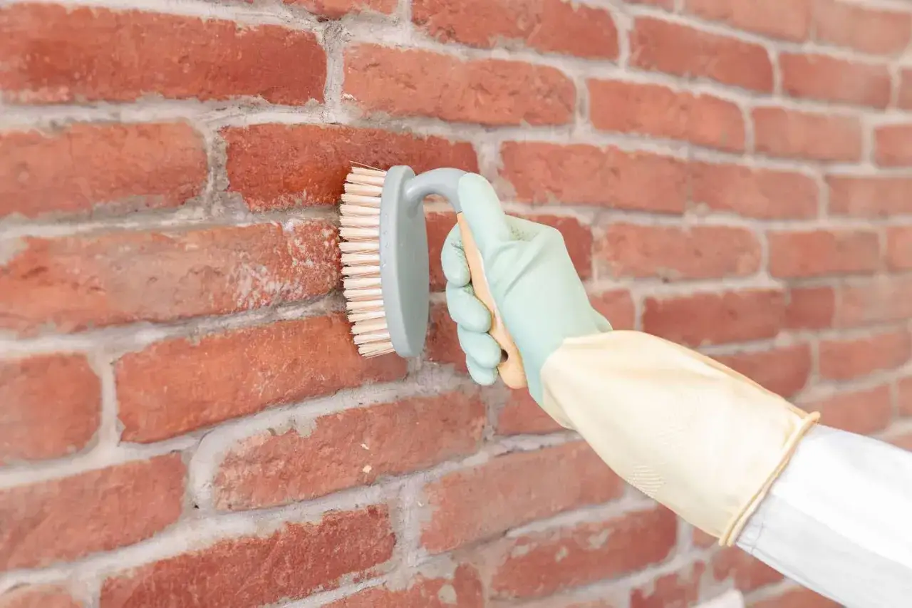 A gloved hand scrubs a weathered acid wash brick wall with a brush, revealing its textured surface.