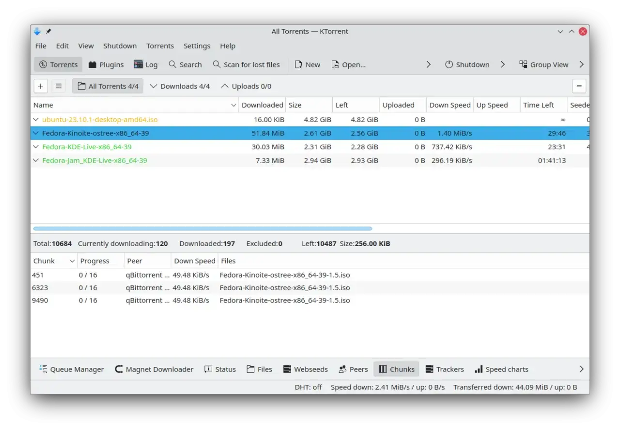 Widok programu KTorrent z listą pobieranych plików, w tym Fedora-Kinoite-ostree-x86_64-39.