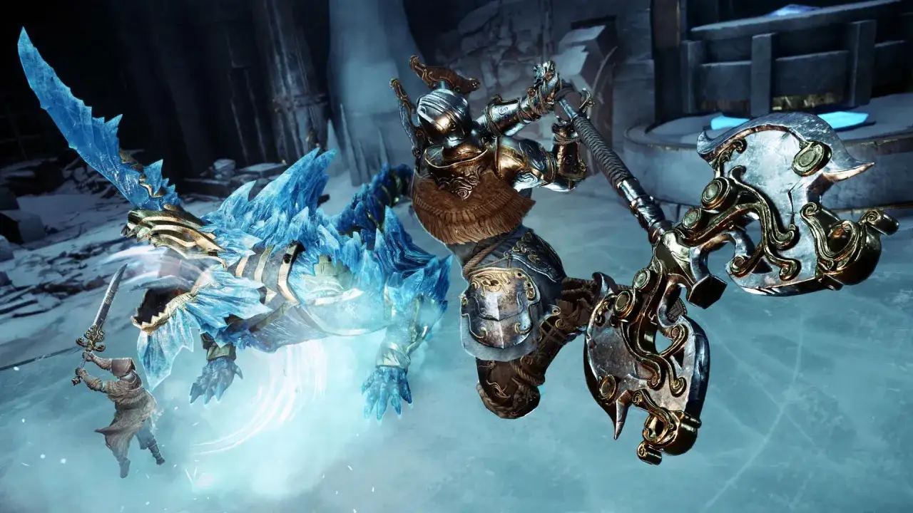 Un guerrero con armadura dorada y un hacha imponente lucha contra un dragón de hielo en un nuevo mundo helado.