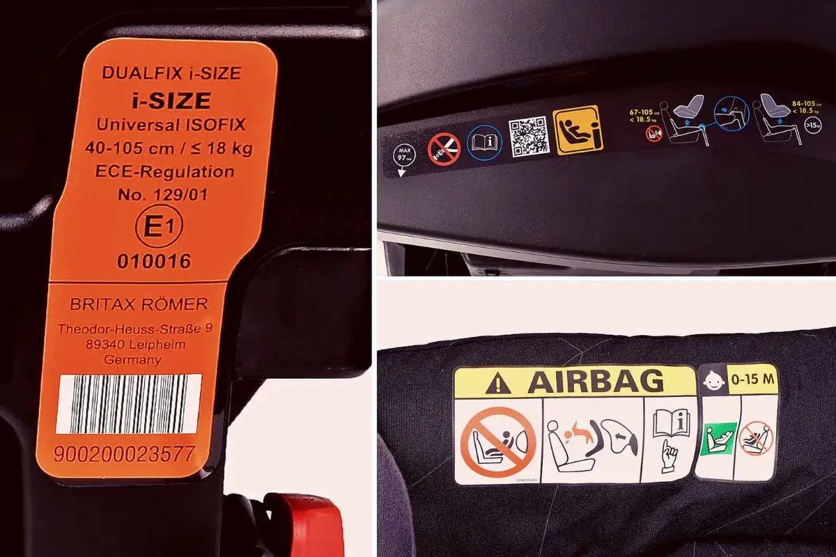 Naklejka z homologacją ECE R44/04 na foteliku Britax Römer DUALFIX i-SIZE. Informuje o zgodności z normą i dopuszczalnej wadze.