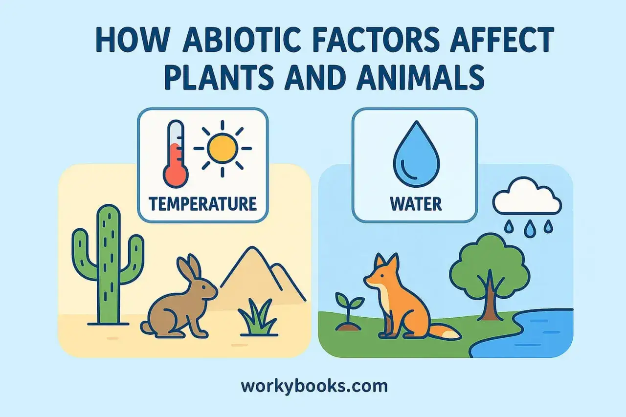 Abiotische Faktoren wie Temperatur und der abiotische Faktor Wasser beeinflussen Pflanzen und Tiere. Ein Fuchs sitzt neben einem Baum und einem Fluss, w&auml;hrend ein Kaninchen in der W&uuml;ste sitzt.