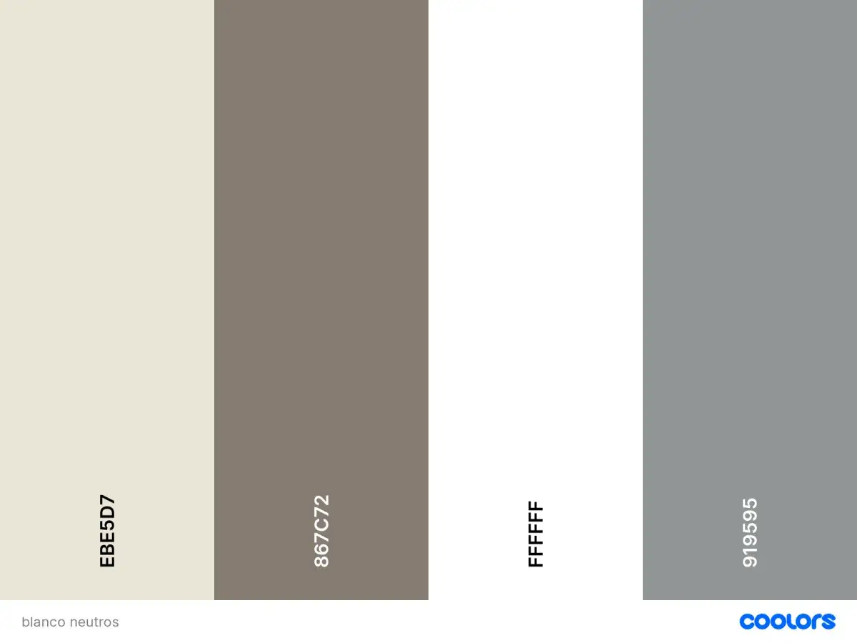 Paleta de colores: diferencia entre blanco tiza (EBE5D7) y blanco antiguo (867C72), junto a blanco puro (FFFFFF) y gris (919595).