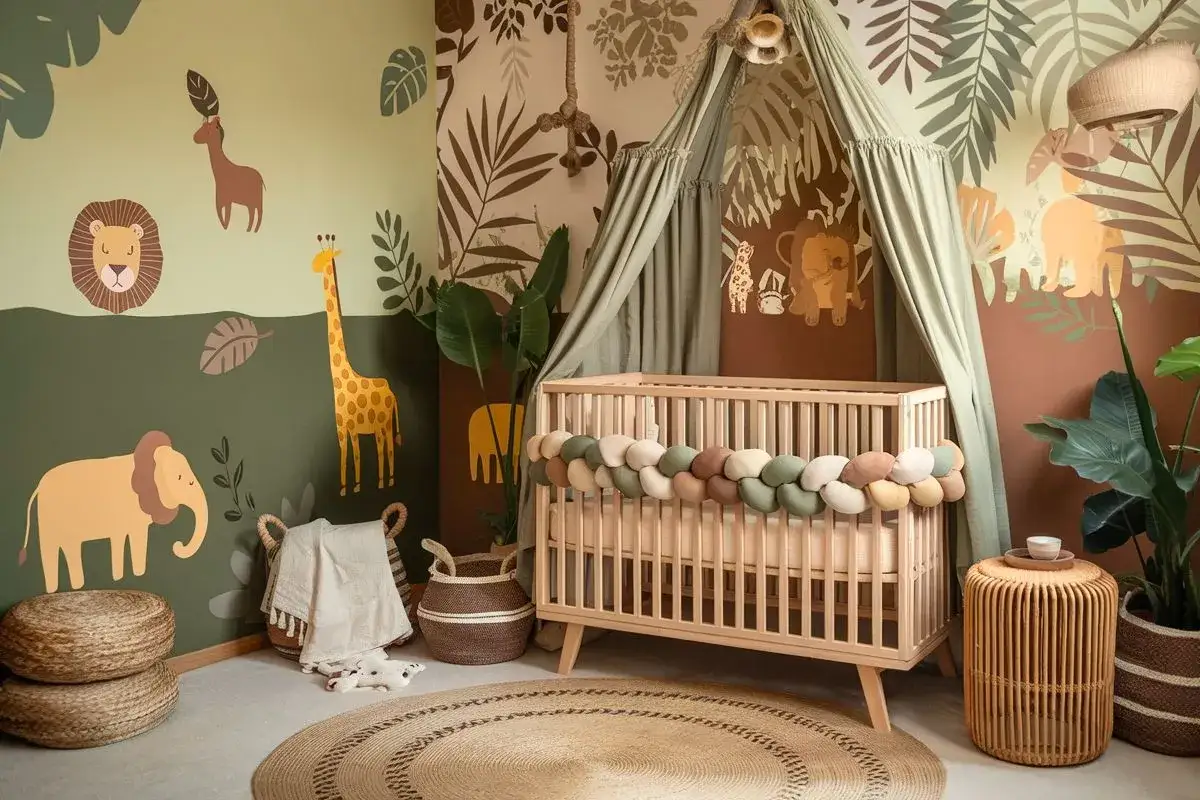 Peinture chambre garçon avec un thème safari : éléphant, girafe, lion et jungle. Un lit à barreaux est au centre.