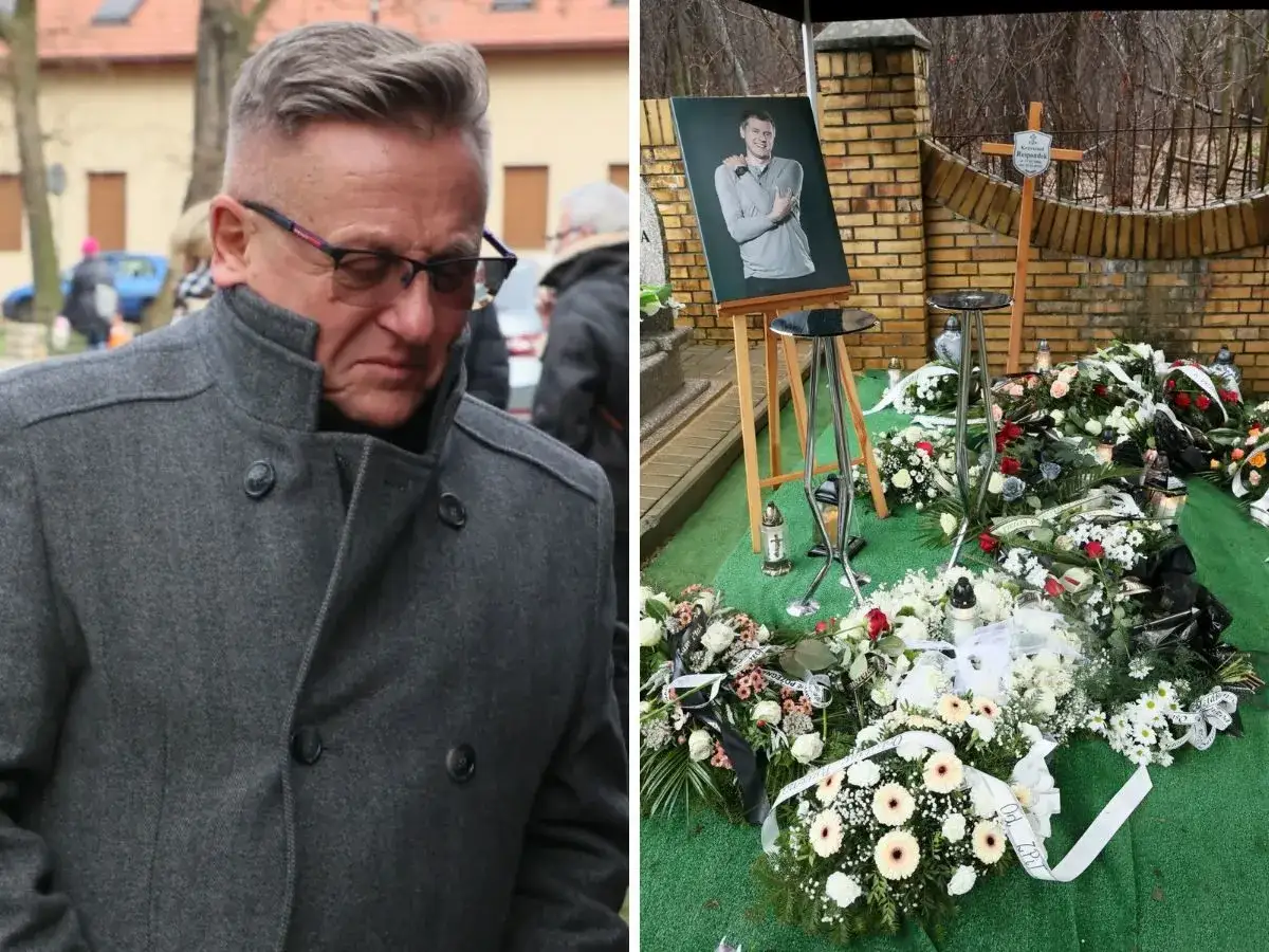 Smutek na pogrzebie Krzysztofa Respondka. Na zdjęciu widać żałobników i bogactwo kwiatów na grobie.