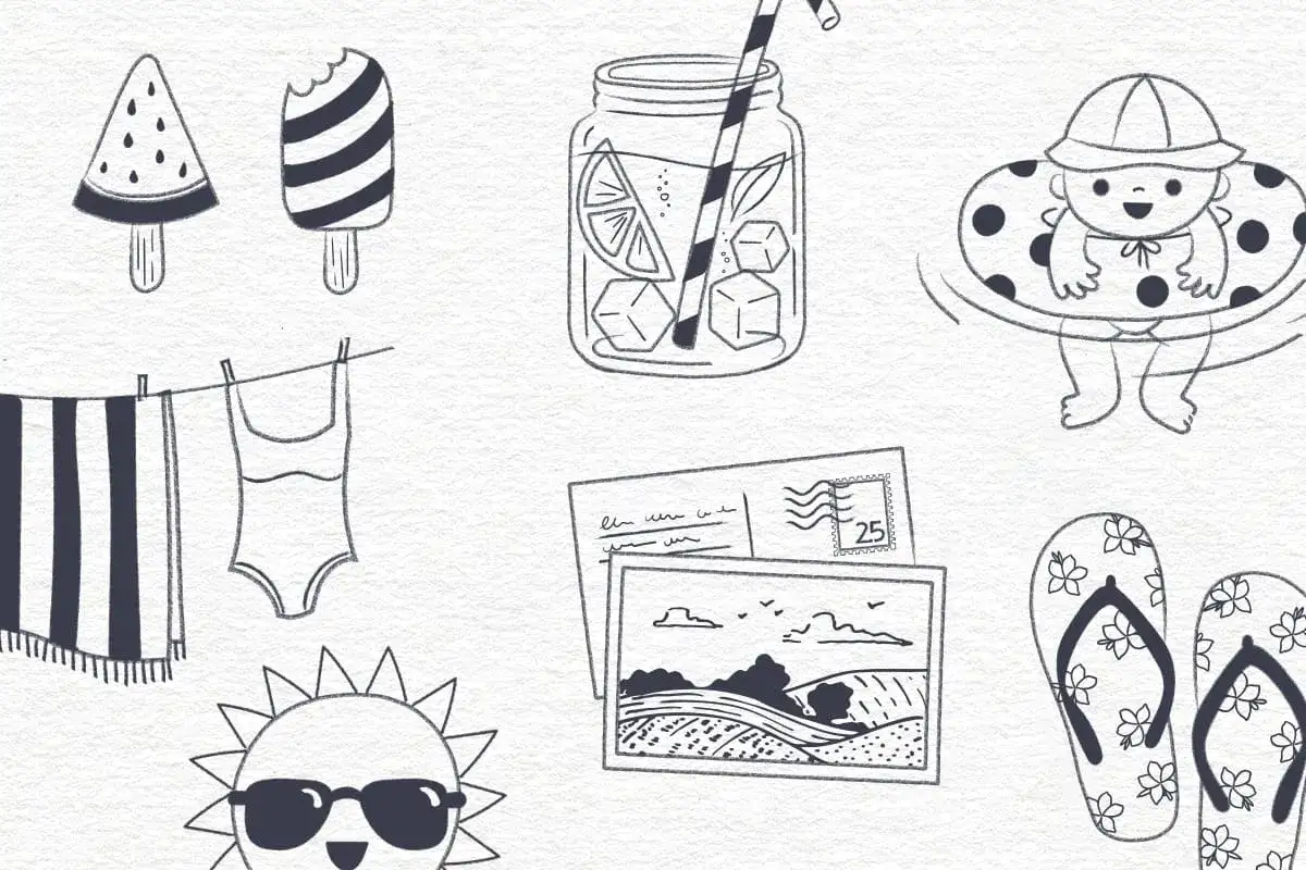 Un dibujo de verano con helados, toalla, ba&ntilde;ador, sol con gafas, jarra de limonada, beb&eacute; en flotador, postales y chanclas.