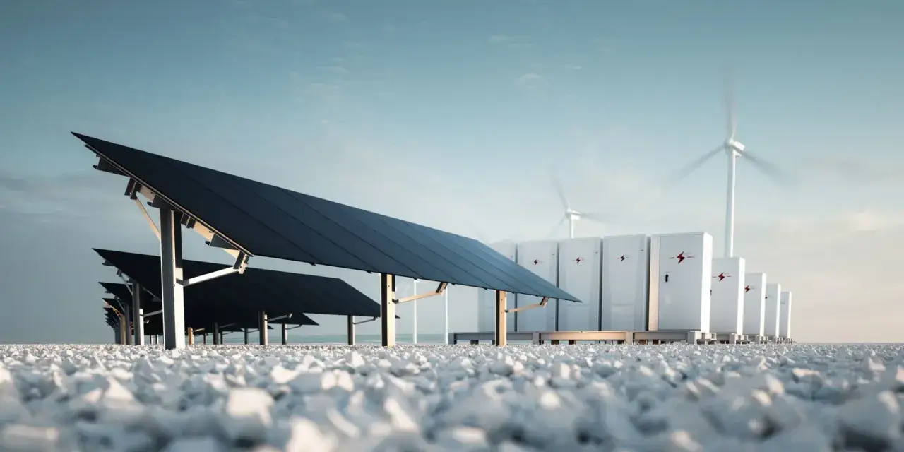 Reihe von Solarmodulen und Batteriespeichern, flankiert von Windturbinen. Ein Blick auf zukunftsweisende erneuerbare energien projekte.