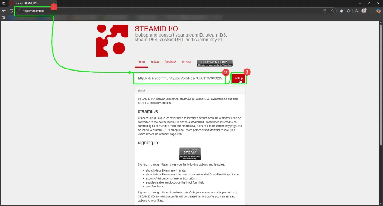 Na stronie steamid.io wpisz adres profilu Steam, aby znaleźć steamID.