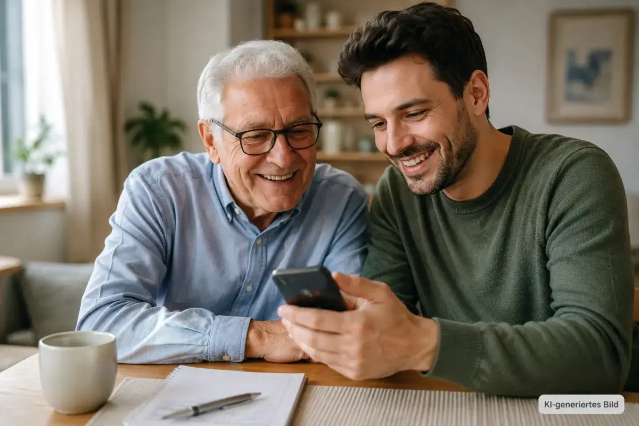 Ein älterer Mann und ein jüngerer Mann lachen über ein Smartphone. Ein Beispiel, wie die digitale Spaltung überwunden werden kann.