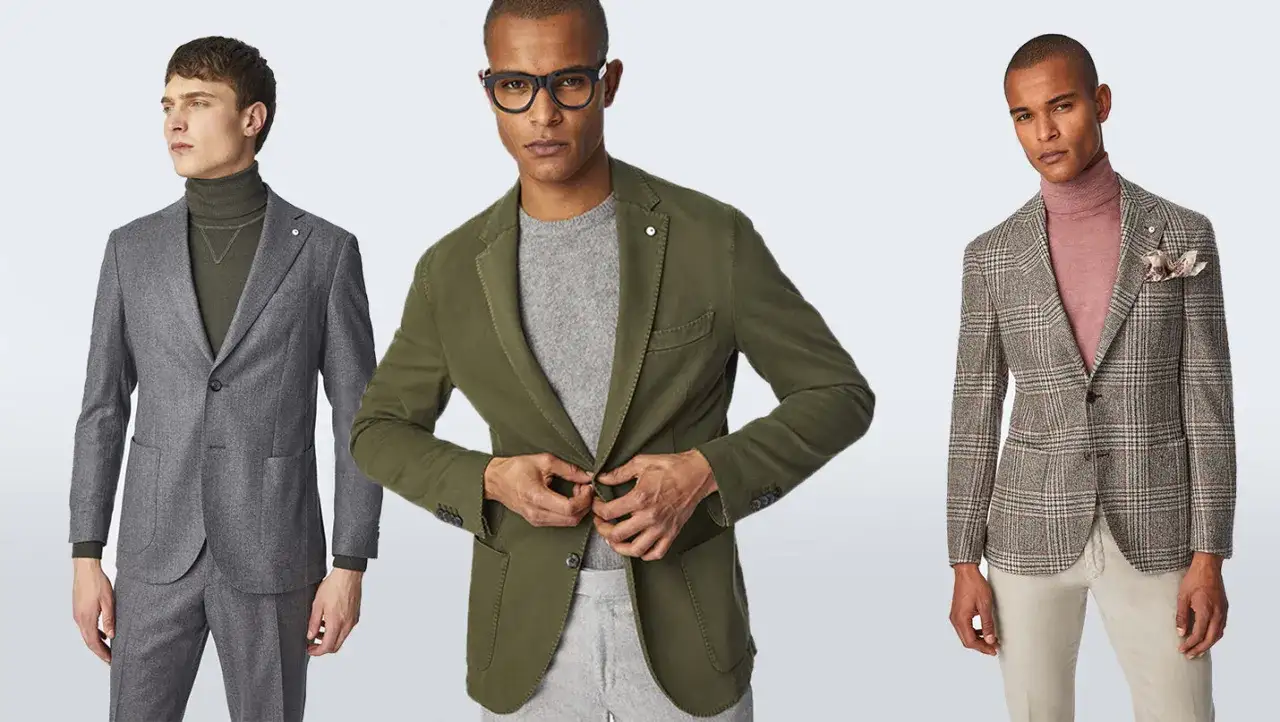 Tre uomini indossano abbigliamento business formal: completi grigi, giacche verdi e a quadri con dolcevita.