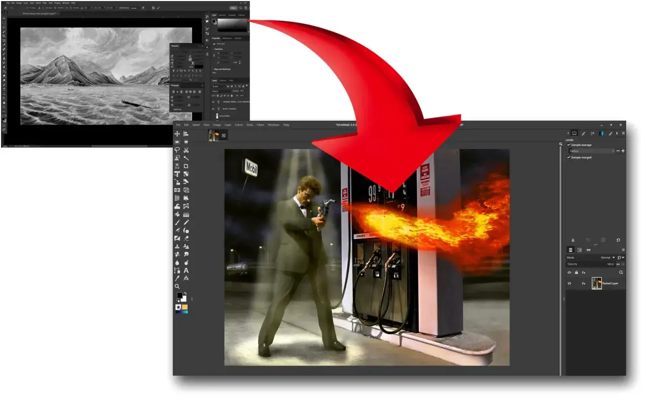 Mężczyzna w garniturze z płonącym pistoletem na stacji paliw. Porównanie możliwości GIMP czy Photoshop w tworzeniu efektów.