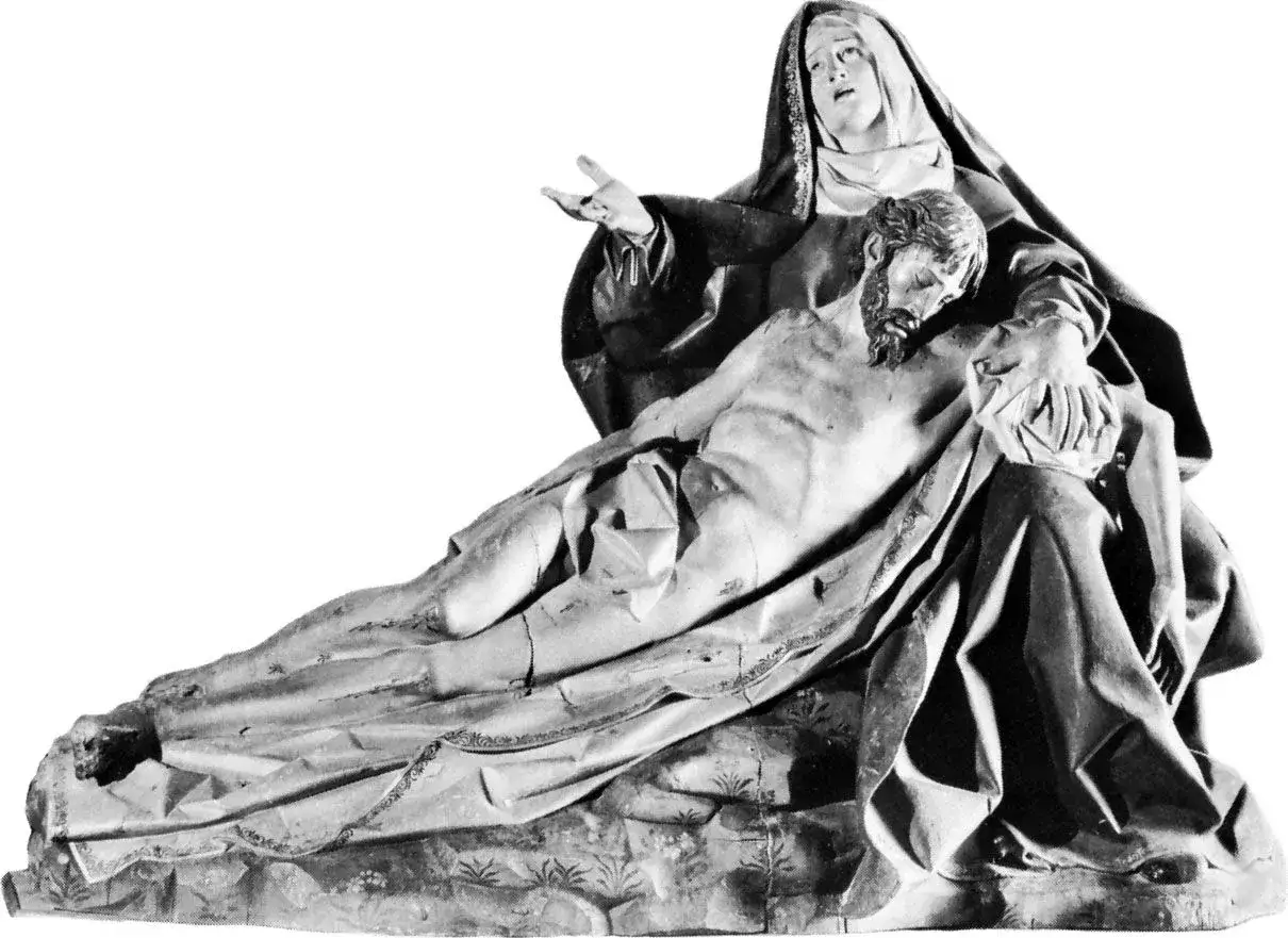 A Pieta sculpture, a famous art from the Baroque period, depicts Mary cradling the body of Jesus.
