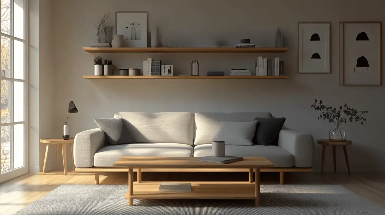 Ein helles, kleines Wohnzimmer skandinavisch einrichten: Sofa, Holztisch, Regale mit Deko und Bilder.
