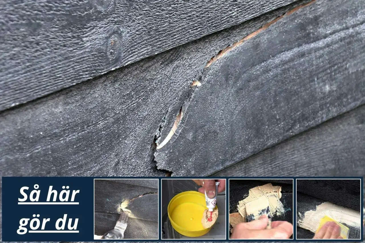 Reparera sprickor i träfasaden med spackel utomhus. Bilden visar hur man applicerar och slipar spacklet.