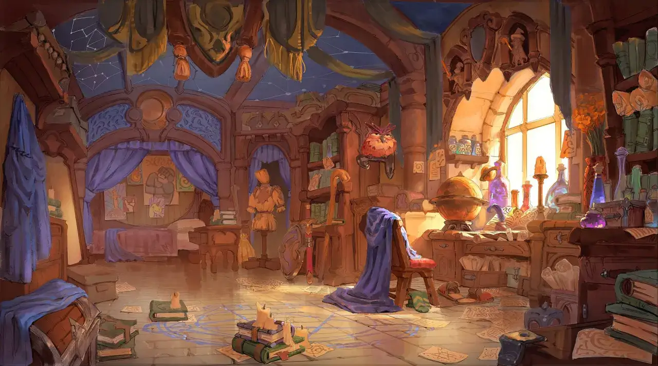 Magiczna pracownia, jak ze szkół w Harrym Potterze, pełna ksiąg, eliksirów i tajemniczych map.
