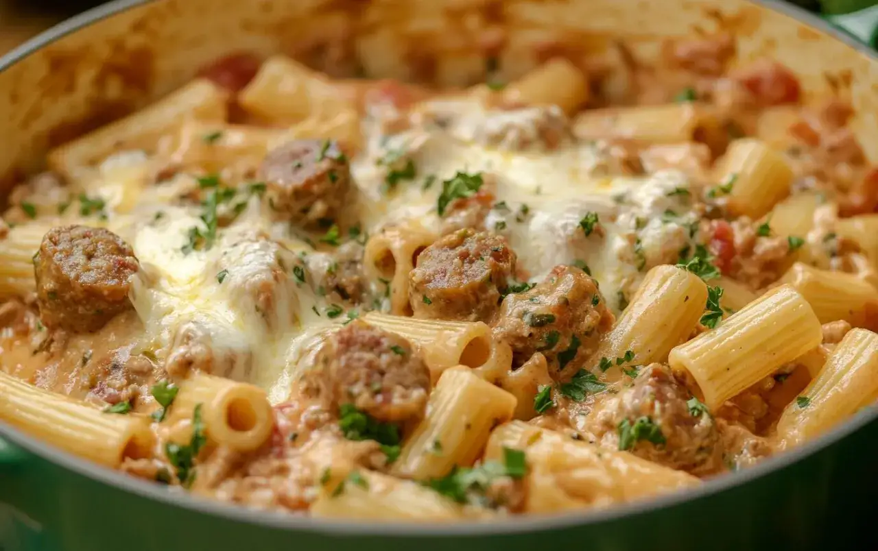 En n&auml;rbild p&aring; en ugnsbakad salsicciapasta med rigatoni, kr&auml;mig tomats&aring;s och sm&auml;lt ost. Benjamin skulle &auml;lska denna salsicciapasta!