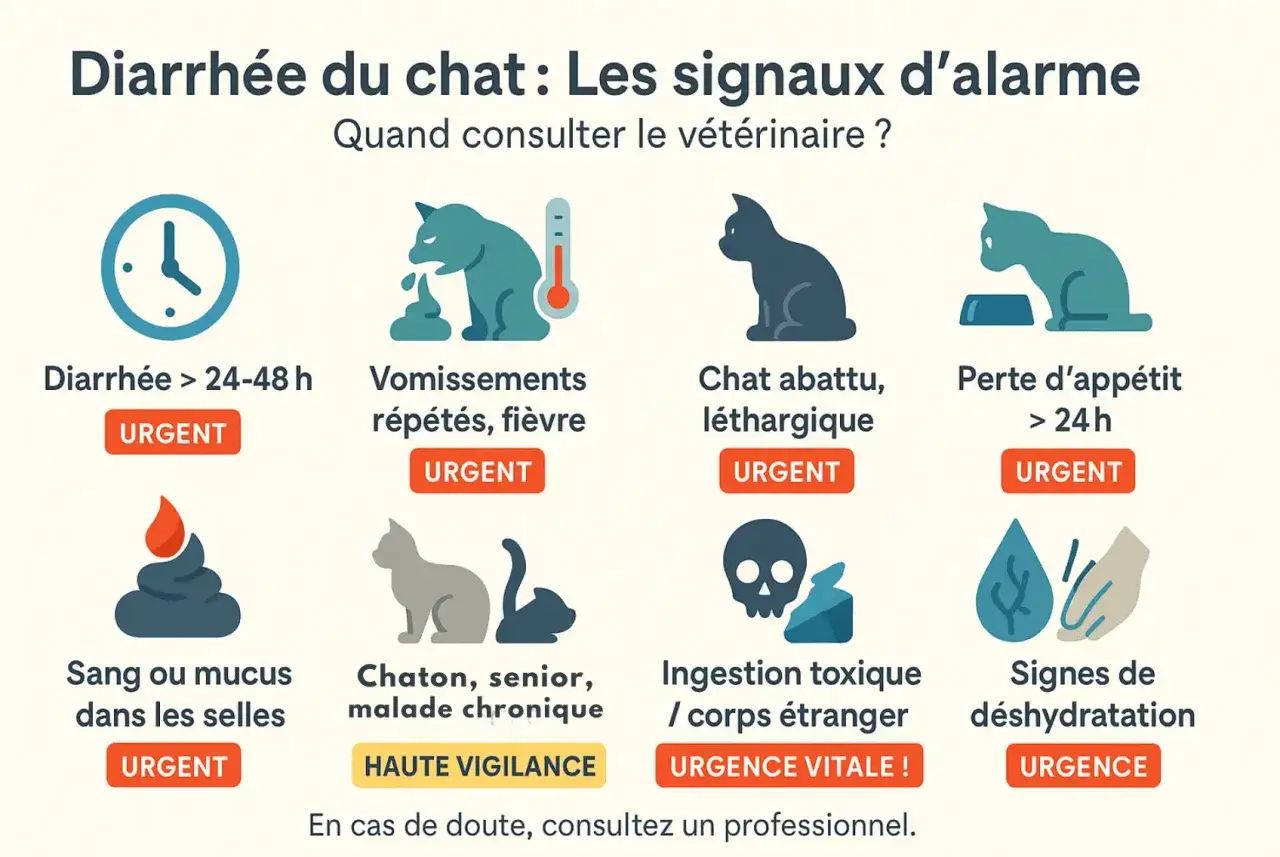 Mon chat vomit et a la diarrhée ? L'image montre les signes d'alarme : vomissements, diarrhée, perte d'appétit, léthargie, sang, ingestion toxique, déshydratation. Urgence vétérinaire !