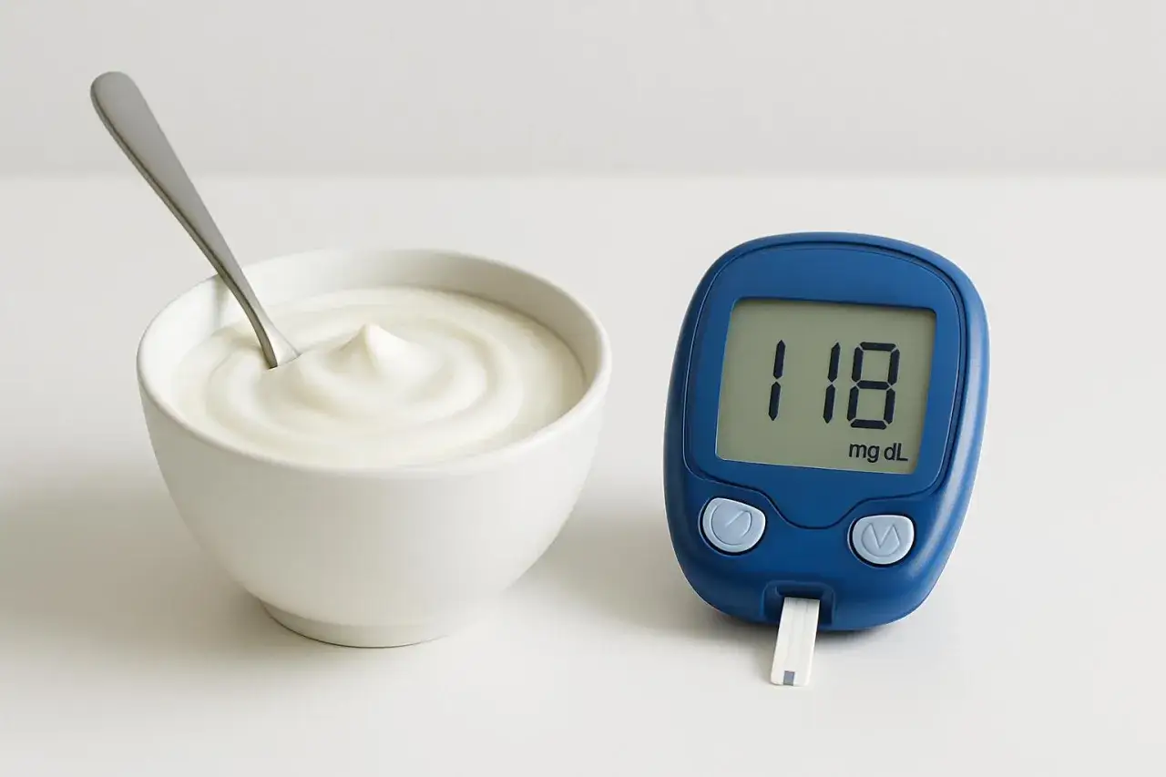 Ciotola di yogurt e glucometro con valore 118. Un'opzione salutare per chi cerca yogurt per diabetici.