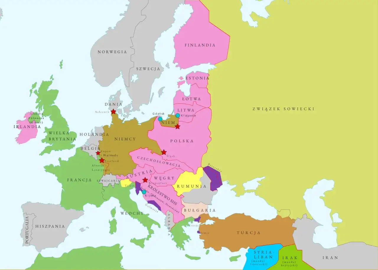 Mapa Europy po traktacie w Trianon. Zaznaczone granice państw, w tym Polski, Węgier i Czechosłowacji.