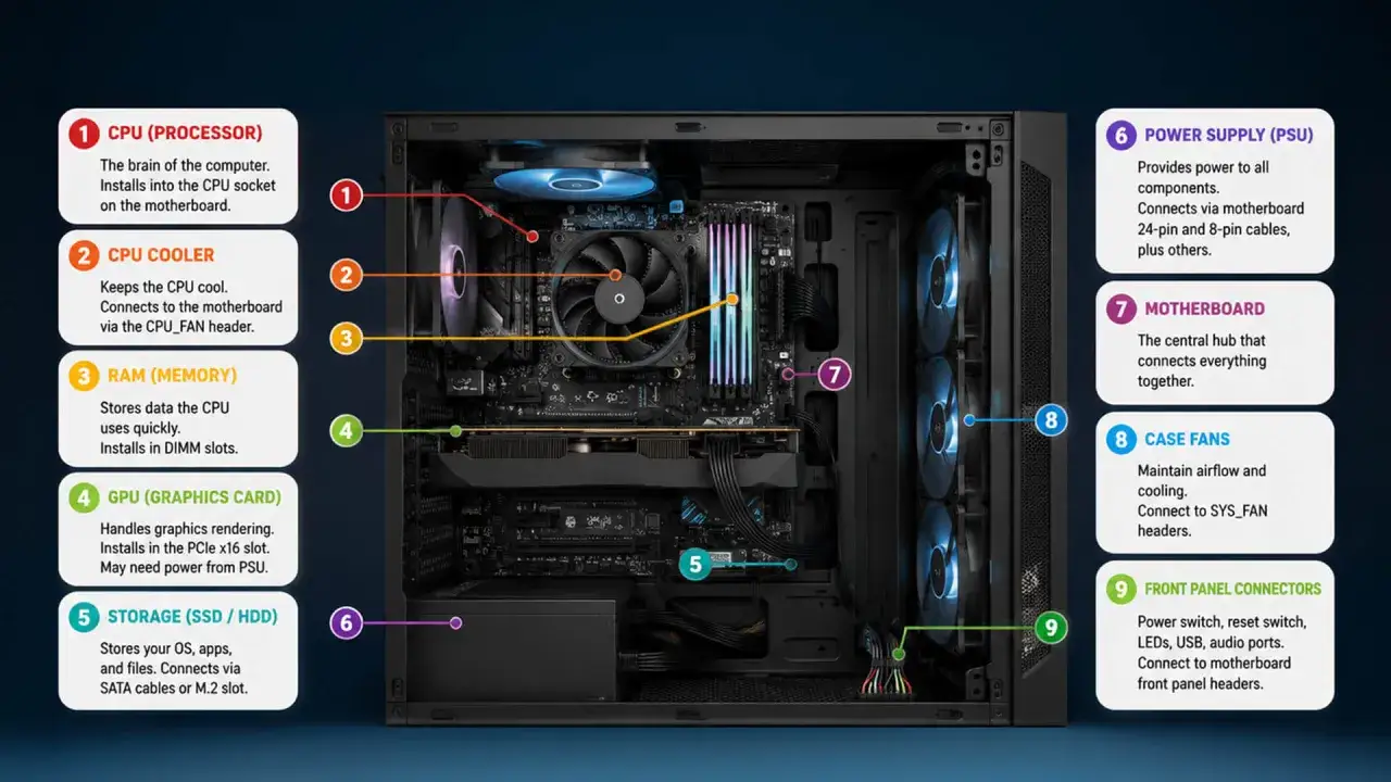 Vue intérieure d'un PC, montrant le cablage pc, le processeur, la carte graphique, la RAM, le stockage, la carte mère et les ventilateurs.