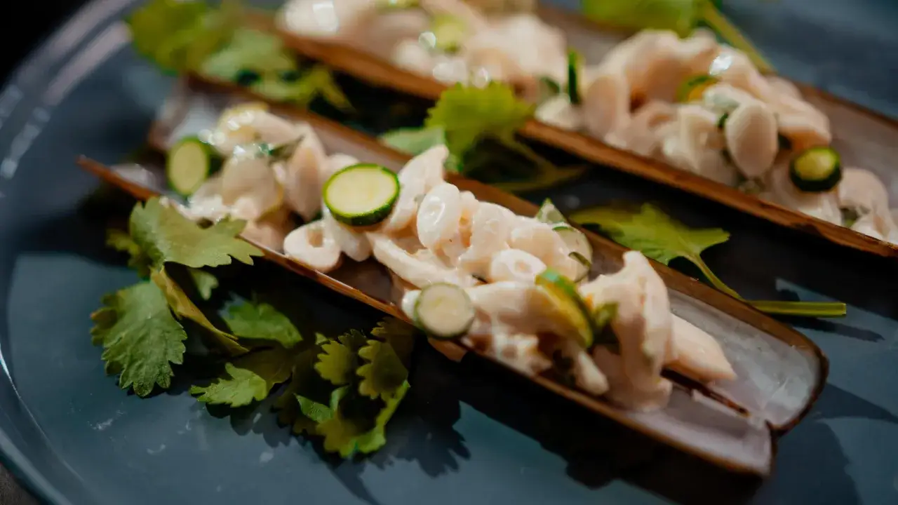 Couteaux au four, cr&eacute;meux et garnis de fines rondelles de courgette et de coriandre fra&icirc;che, sur une assiette sombre.