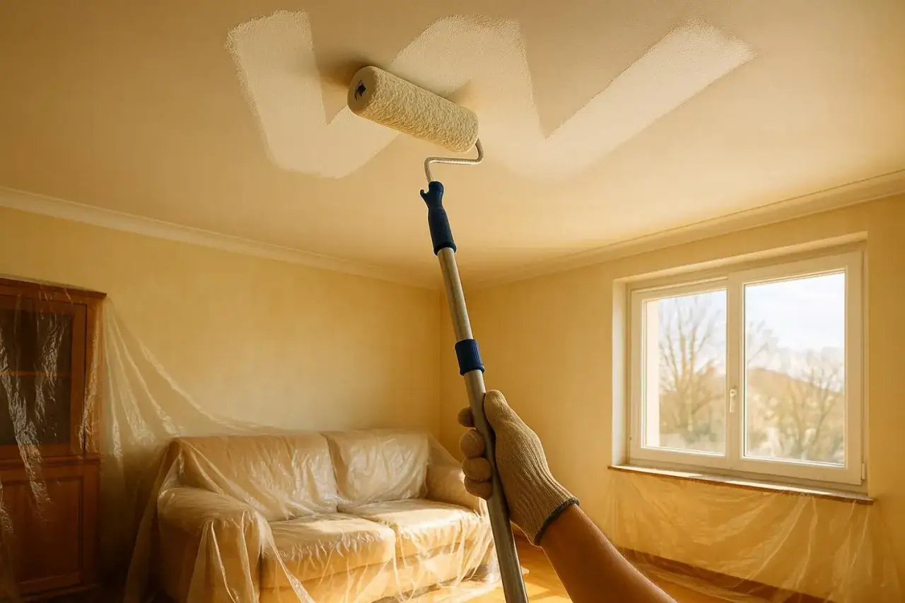 Une main gant&eacute;e utilise un rouleau pour peindre un plafond en blanc, transformant la pi&egrave;ce. Le canap&eacute; et les meubles sont prot&eacute;g&eacute;s par des b&acirc;ches.