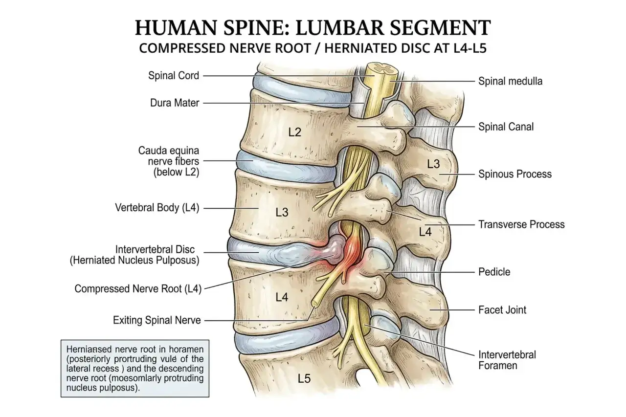 Illustration der Lendenwirbelsäule mit Bandscheibenvorfall bei L4-L5, der eine Nervenwurzel komprimiert. Dies kann zu Spondylose mit Radikulopathie führen.