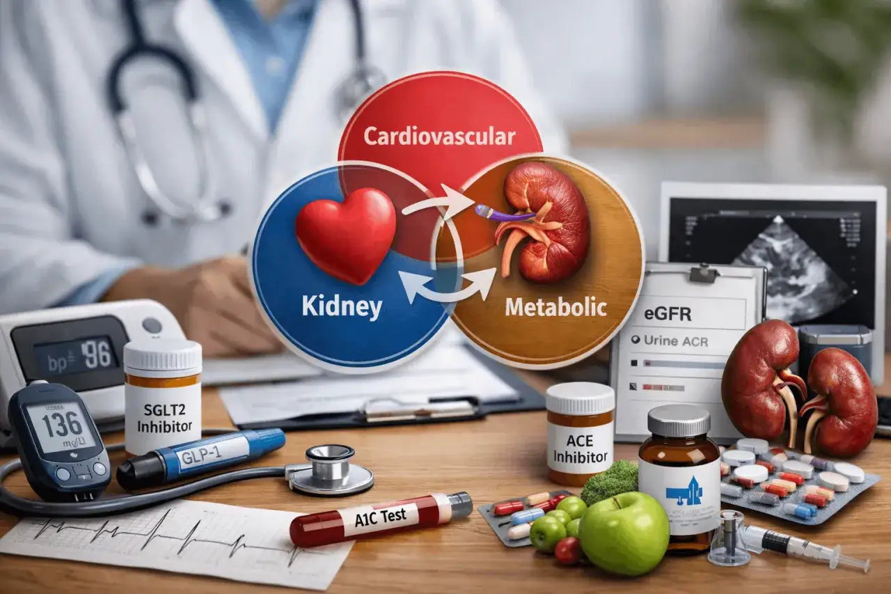 Forxiga na co? Diagram przedstawia powiązania między sercem, nerkami i metabolizmem, sugerując leczenie chorób sercowo-naczyniowych i nerkowych.