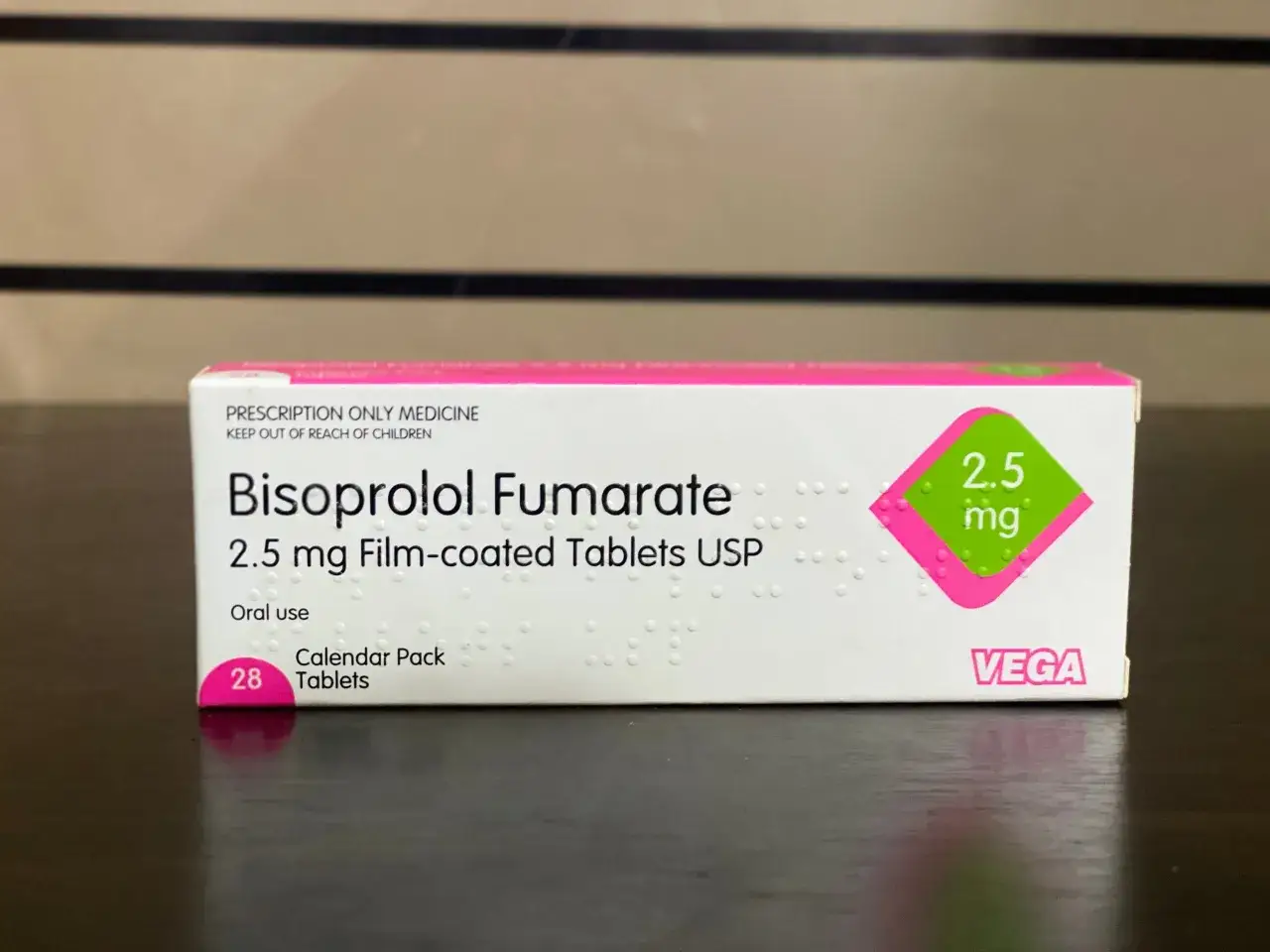 Packung Bisoprolol Fumarate 2.5 mg Tabletten, verschreibungspflichtig.