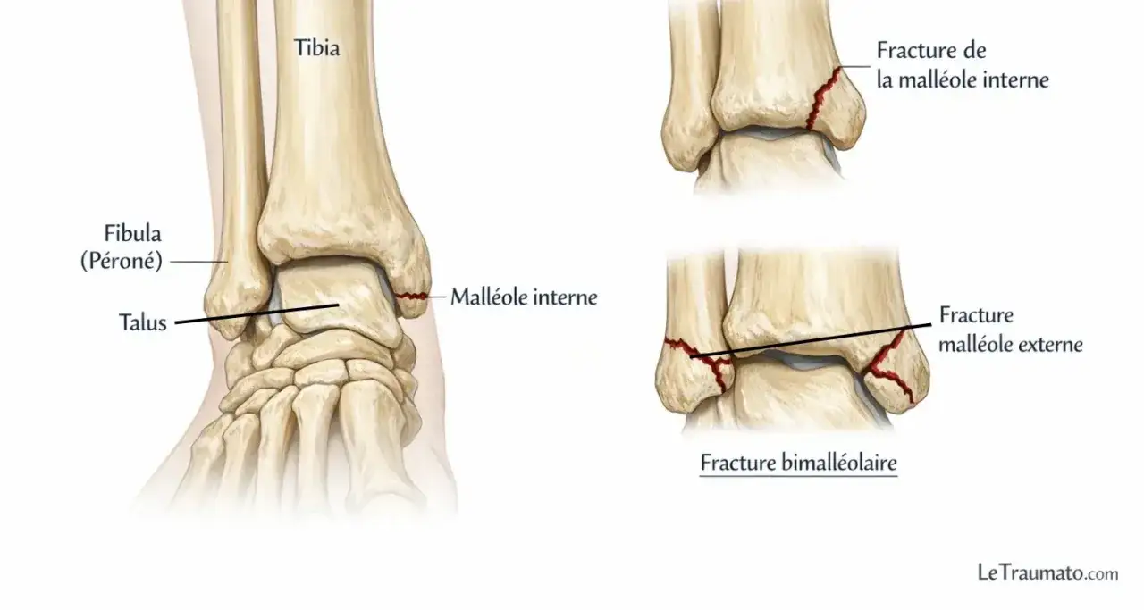 Anatomie de la cheville montrant le tibia, le p&eacute;ron&eacute;, le talus et la mall&eacute;ole interne. Illustrations de fractures de la mall&eacute;ole interne, externe et bimall&eacute;olaire.