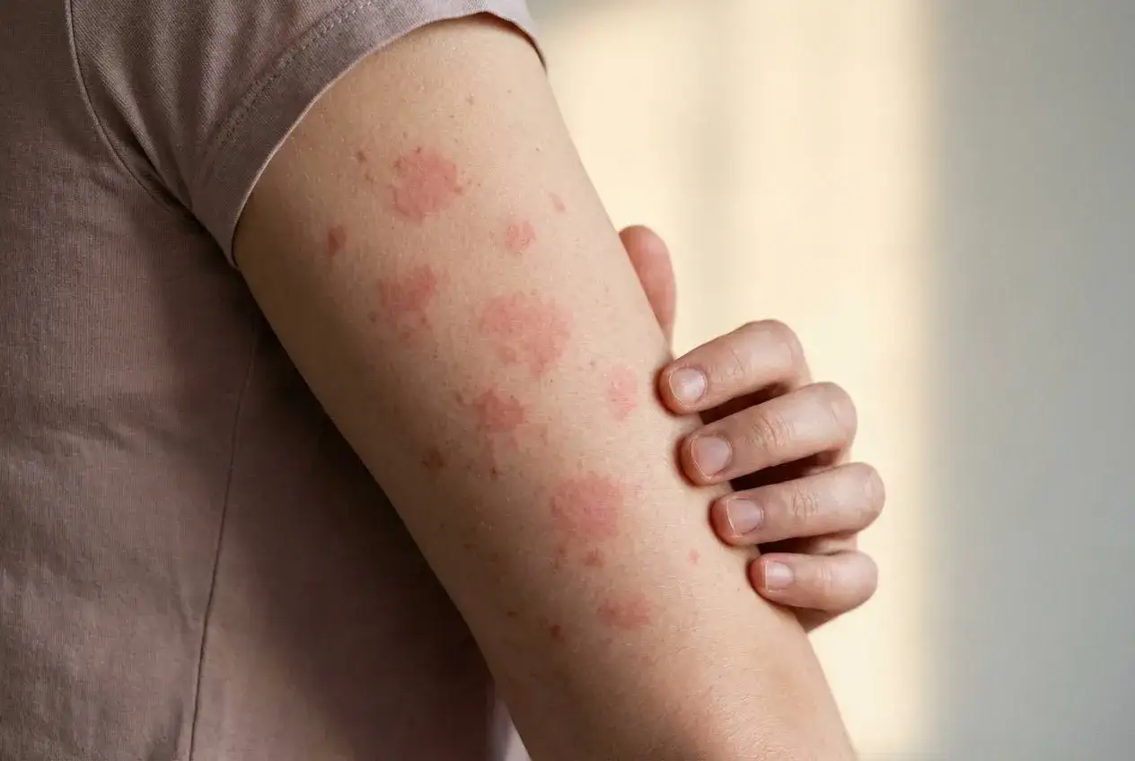 Arm mit roten Flecken auf der Haut, die auf eine allergische Reaktion oder Hautirritation hindeuten.