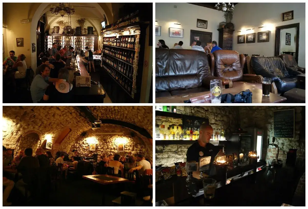 Wnętrza pubu z bogatą ofertą piw. Widać ludzi przy barze i stolikach, skórzane kanapy i kamienne ściany. To prawdziwy house of beer.