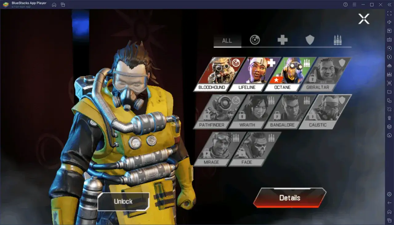 Postać z gry Apex Legends w żółtym kombinezonie z maską gazową. Widoczny wybór legend: Bloodhound, Lifeline, Octane, Gibraltar, Pathfinder, Wraith, Bangalore, Caustic, Mirage, Fade.
