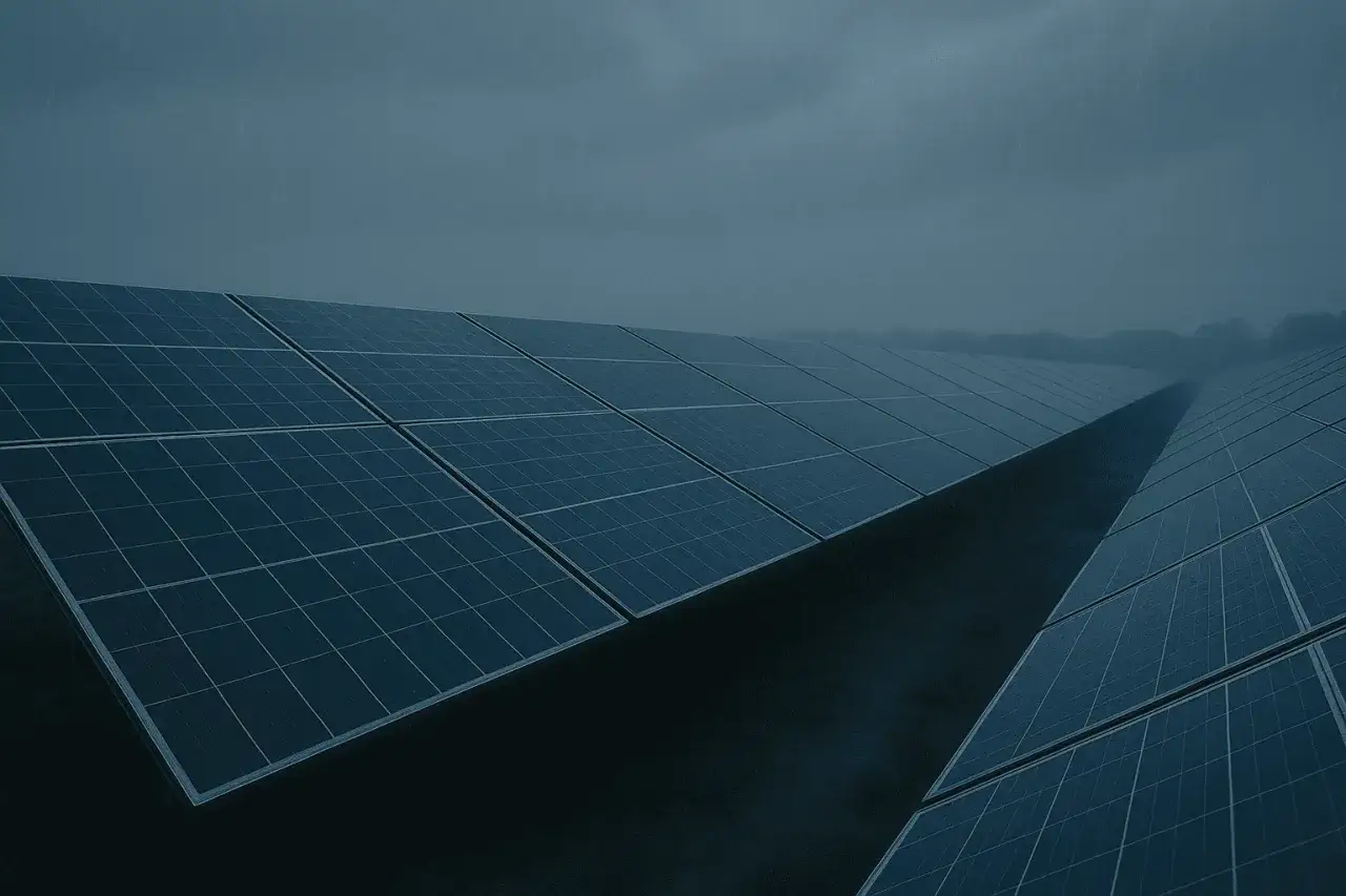 Campo de placas solares bajo una lluvia gris. A pesar de la falta de sol, las placas solares cargan energ&iacute;a, demostrando su eficiencia.