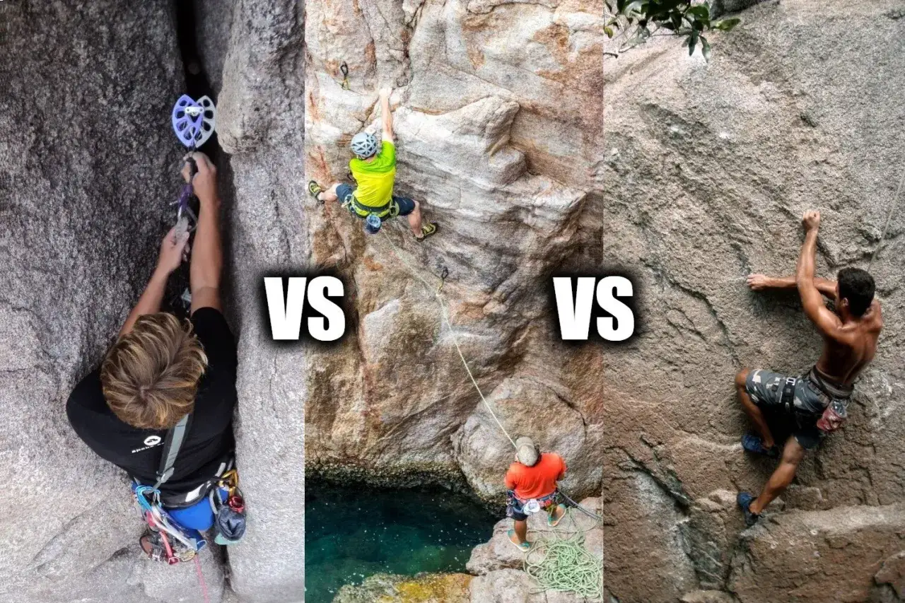 Trois grimpeurs s'affrontent : l'un en **escalade voie**, les deux autres en **escalade bloc** au-dessus de l'eau.