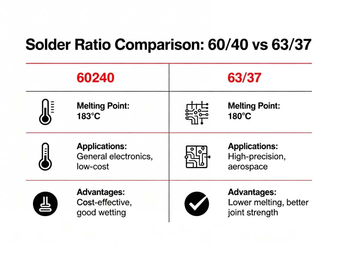 Confronto stagno 60/40 e 63/37: la temperatura fusione stagno per elettronica varia da 183&deg;C a 180&deg;C.