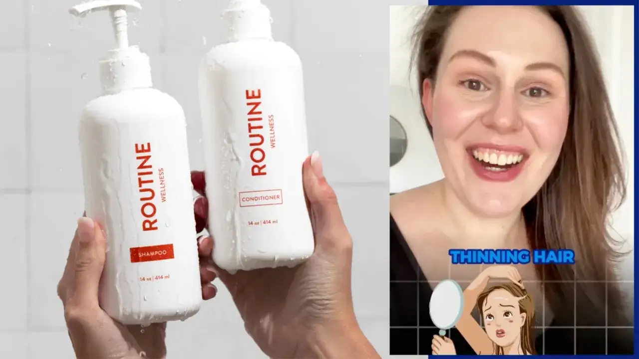 Tv&aring; vita flaskor med schampo och balsam fr&aring;n Routine Wellness. Till h&ouml;ger en kvinna som ler, med texten 