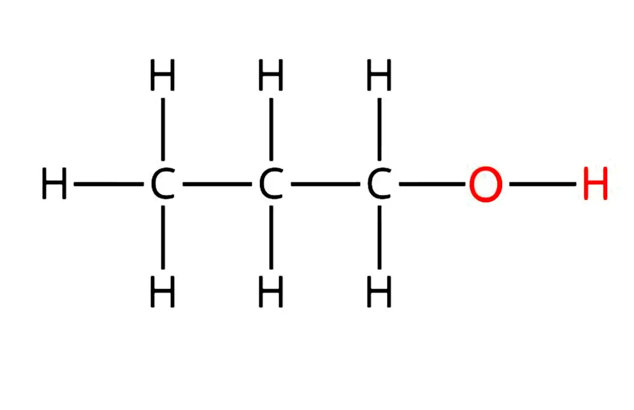 Struktura chemiczna propanolu, znanego jako c2h5oh co to. Atom tlenu połączony z atomem węgla i wodoru.