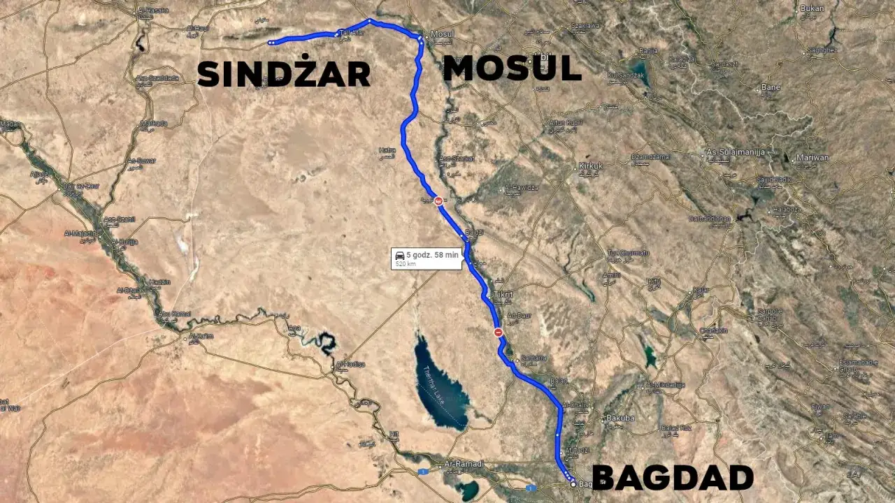 Trasa z Sindżaru przez Mosul do Bagdadu. Czy w Iraku jest bezpiecznie? Mapa pokazuje 520 km podróży.