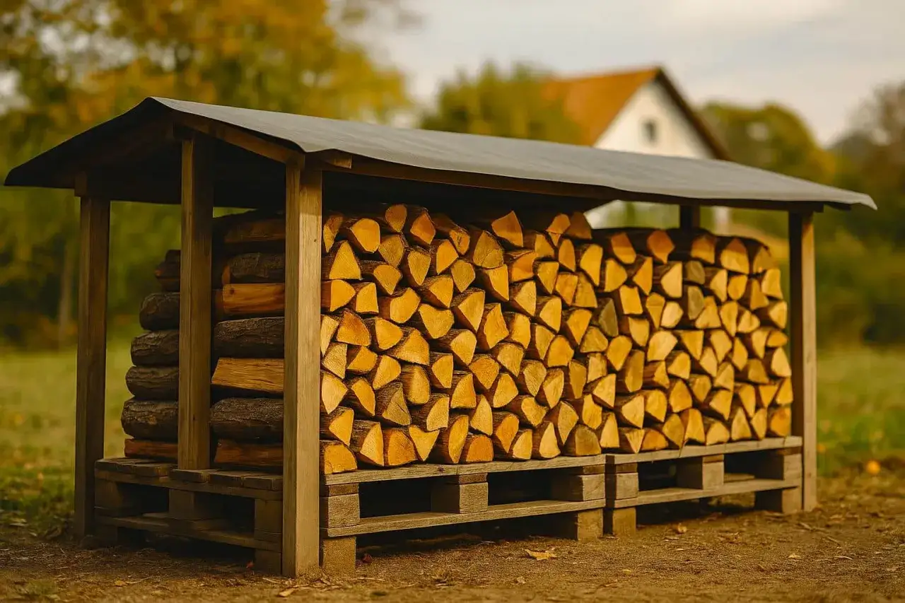 Abri pour le bois de chauffage, prêt pour l'hiver. C'est le moment idéal quand couper du bois de chauffage pour l'année prochaine.